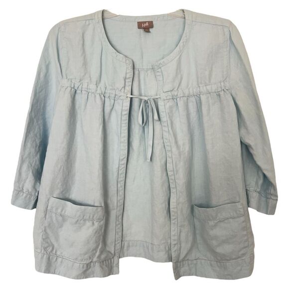 J. Jill Collarless Linen Jacket Medium Blue Beachy Coastal Top Pockets Old Money - Picture 1 of 9